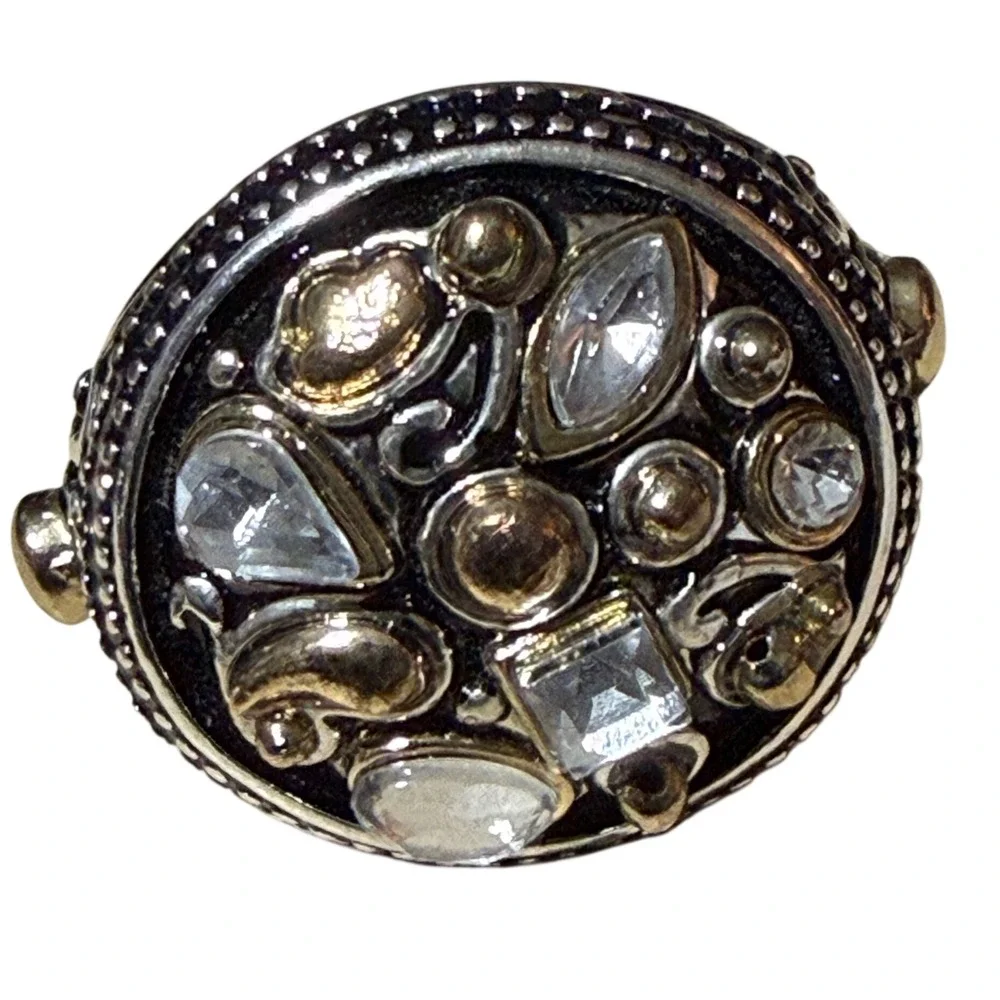 Statement Ring Multi Gemstone Gold and Silver Tone Mixed Metal Adjustable Band - Picture 7 of 12